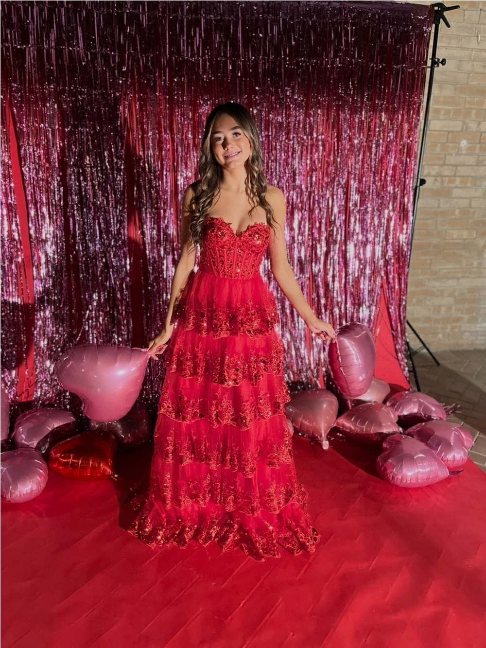 Strapless Red Tiered Lace Prom Dress